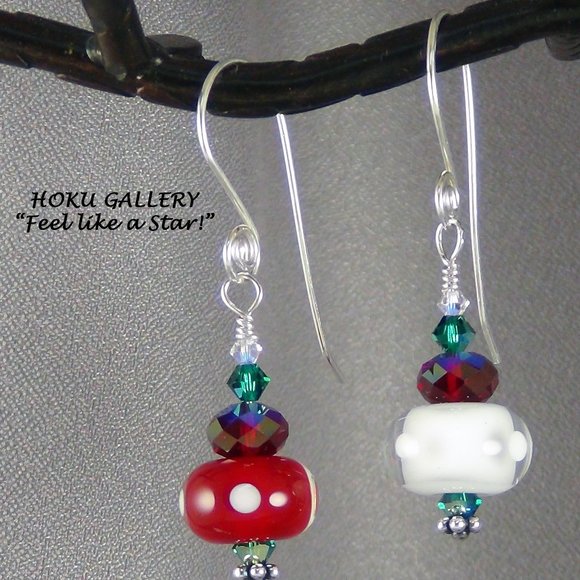 NWOT Earrings Red White & Green w/ Swarovski Crystals Handmade SS Ear wires 2" - Picture 3 of 10